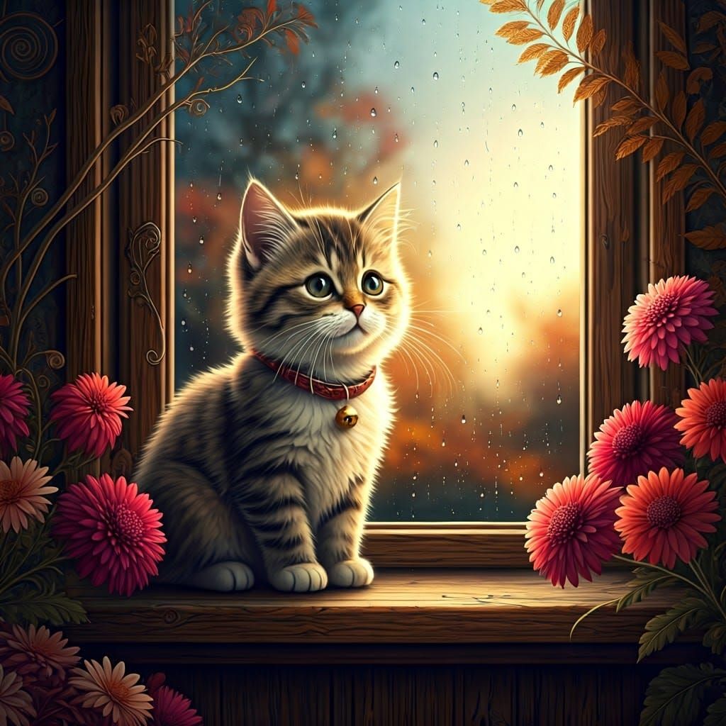 Watercolor Cat Gazing at Surreal Autumn Landscape