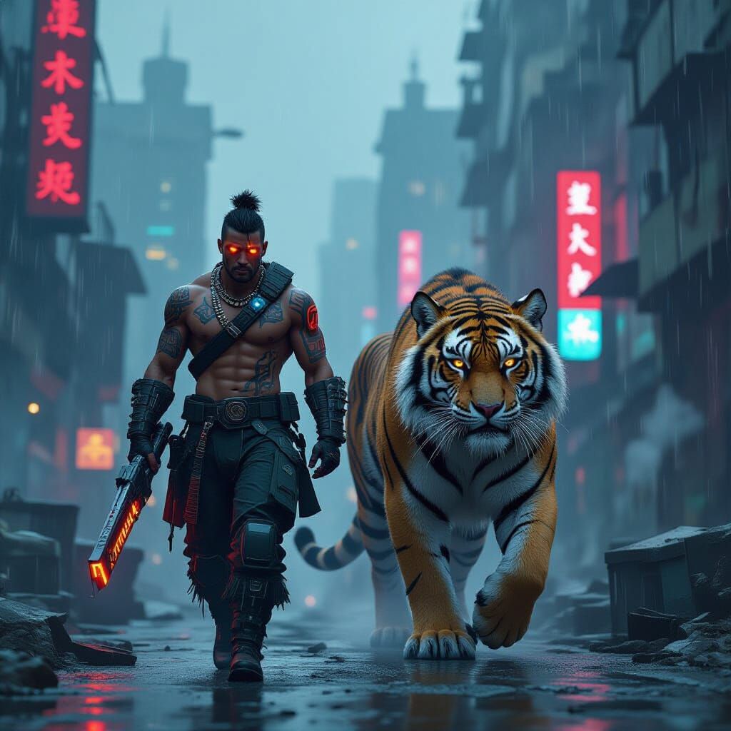 Cyberpunk Sabertooth Prowls Neon City Ruins