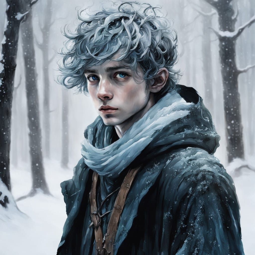 Ethereal Boy in a Haunting Winter Wonderland