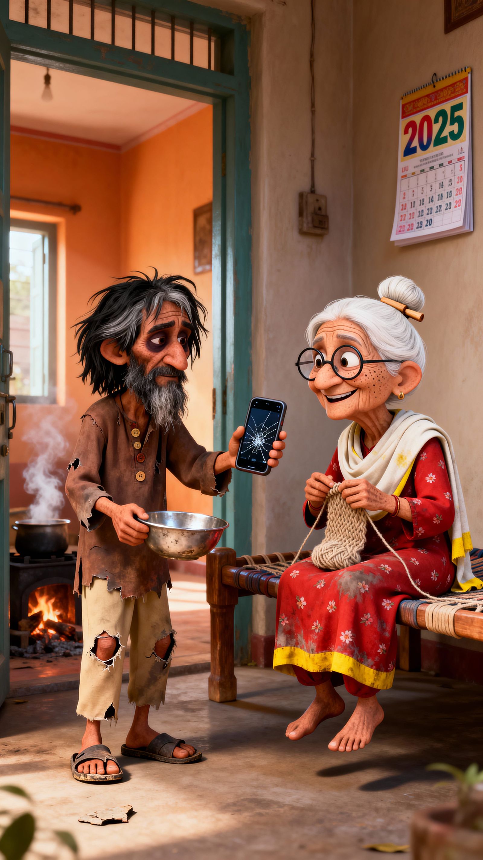 3D Cartoon: Beggar Offers Smartphone to Knitting Elder