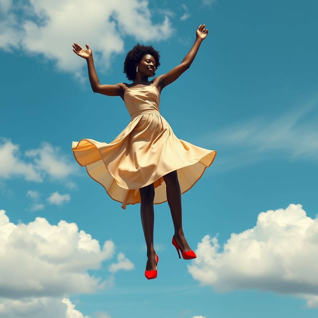 African  mature Lady dancing in the sky, wearing red shoes, extremely photorealistic scene.