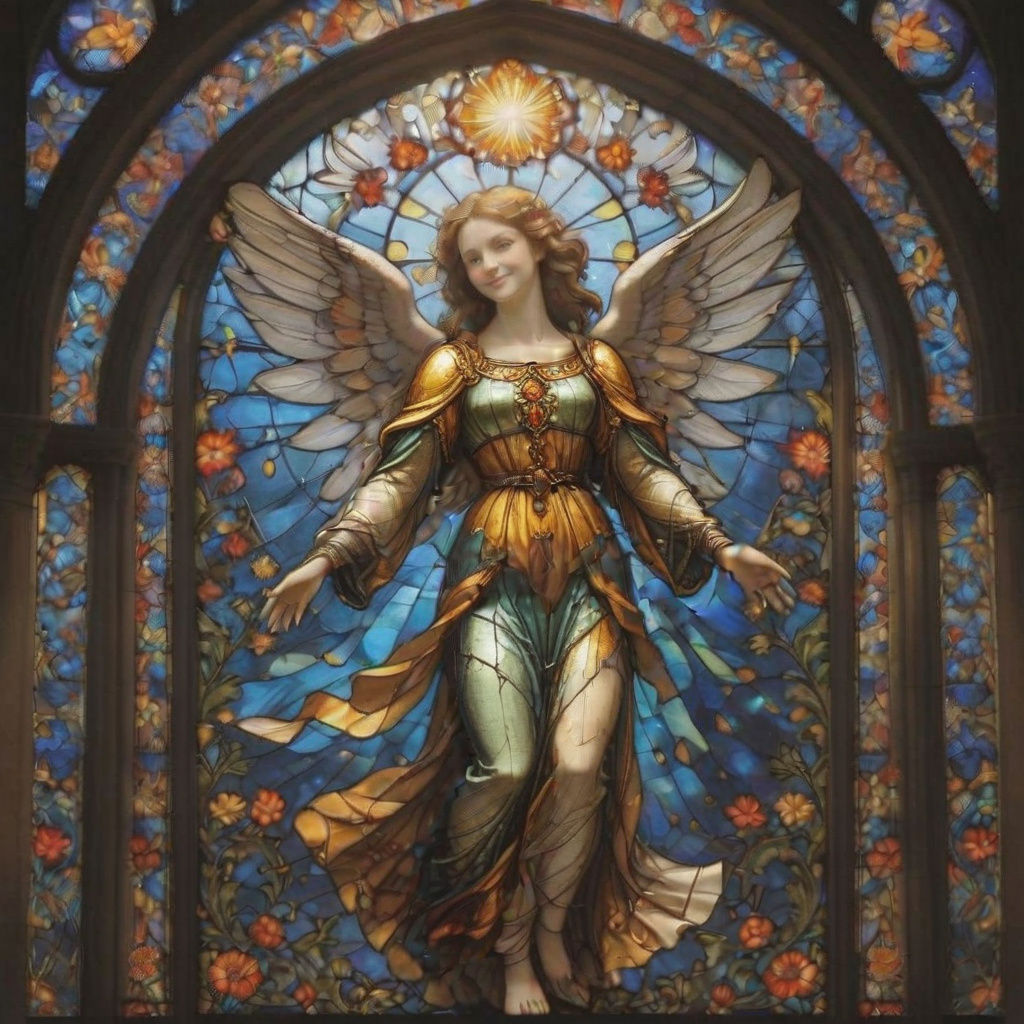 Medieval Stained-Glass Angel in Vibrant Colors