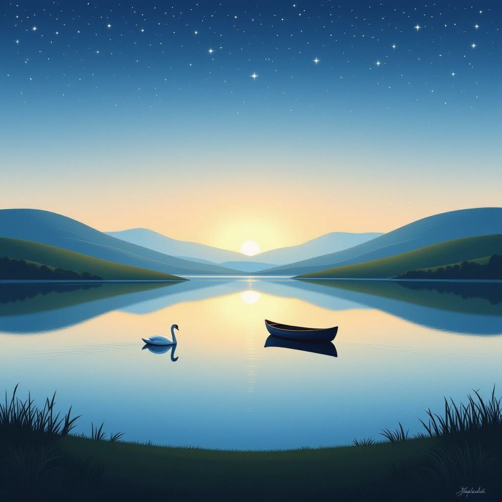 Surreal Minimalist Landscape Matte Painting with Swans and S...