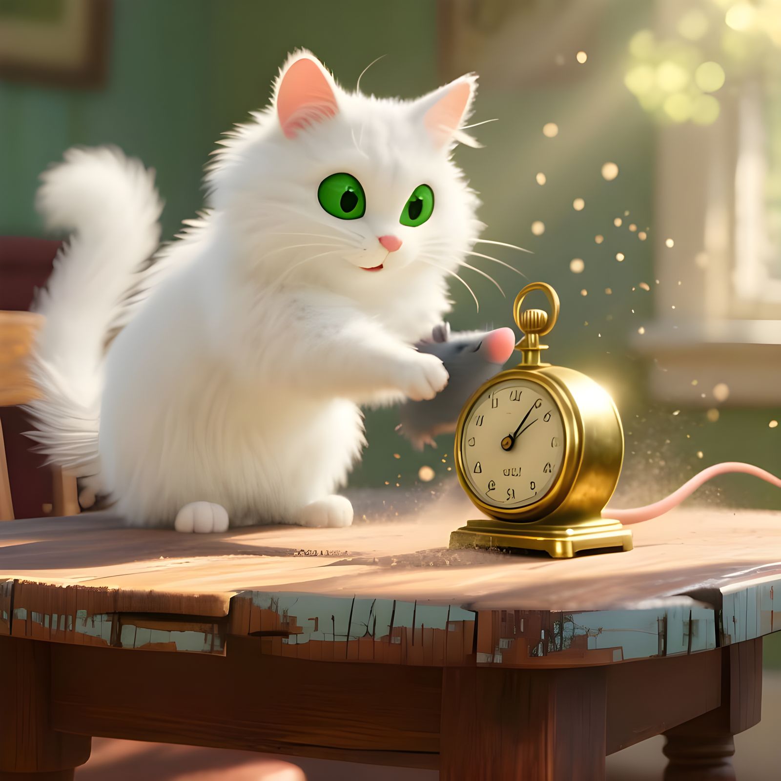 White Cat Plays with Timer Mouse