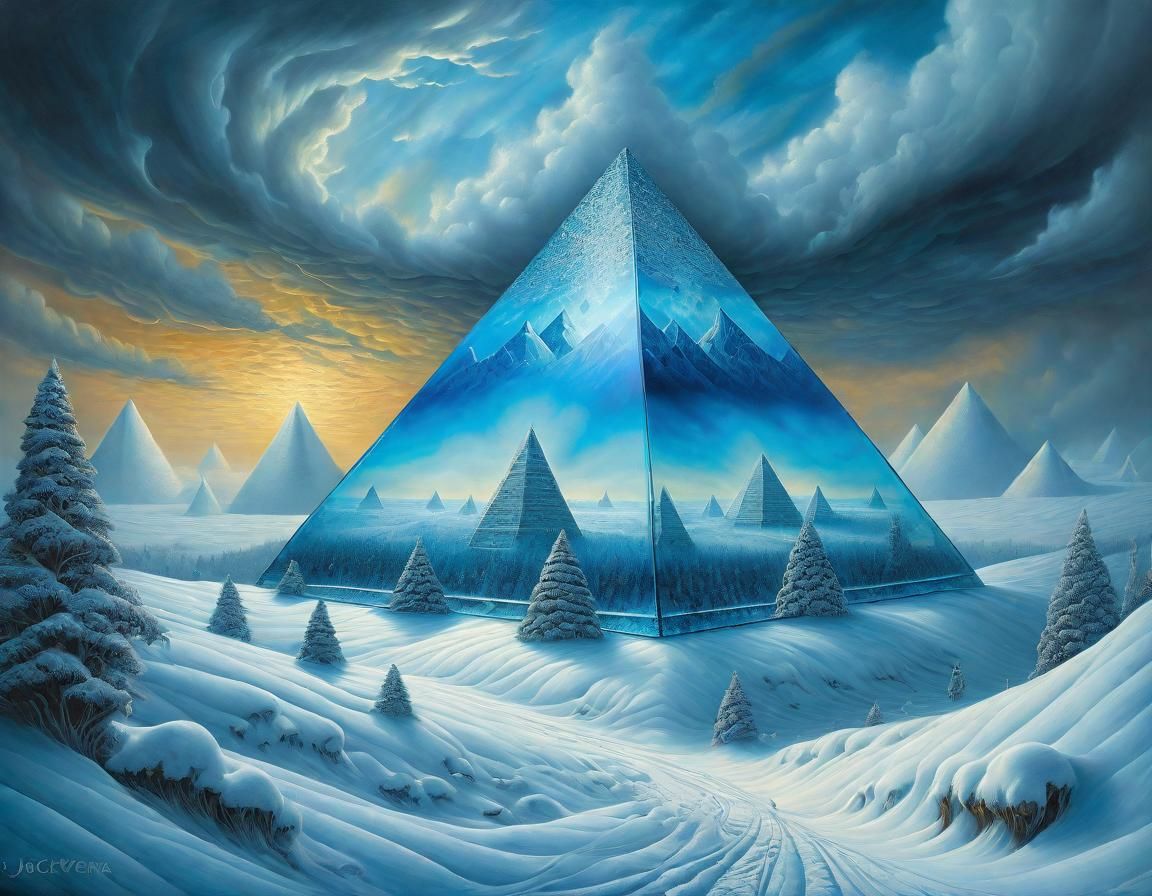 Surreal Snowscape with Blue Pyramid, Dreamlike Painting