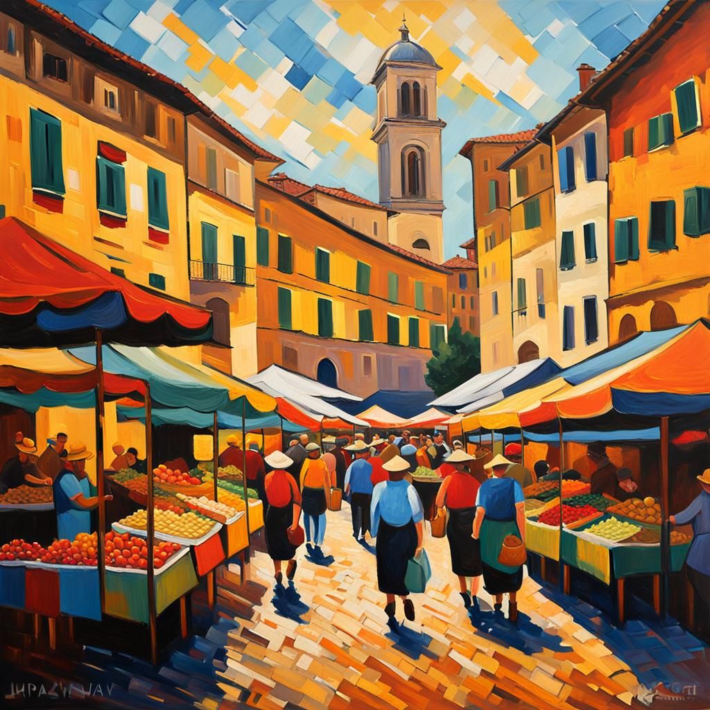 Udine Market Scene in Expressionist Style