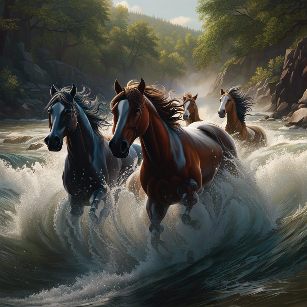 Wild Mustangs Ford River: Hyperrealistic Digital Painting