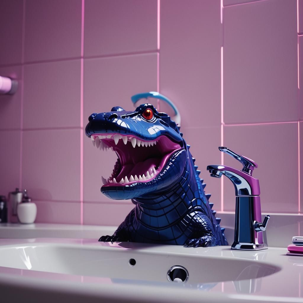 Retro Alligator Brushing Teeth in Synthwave Neon Style