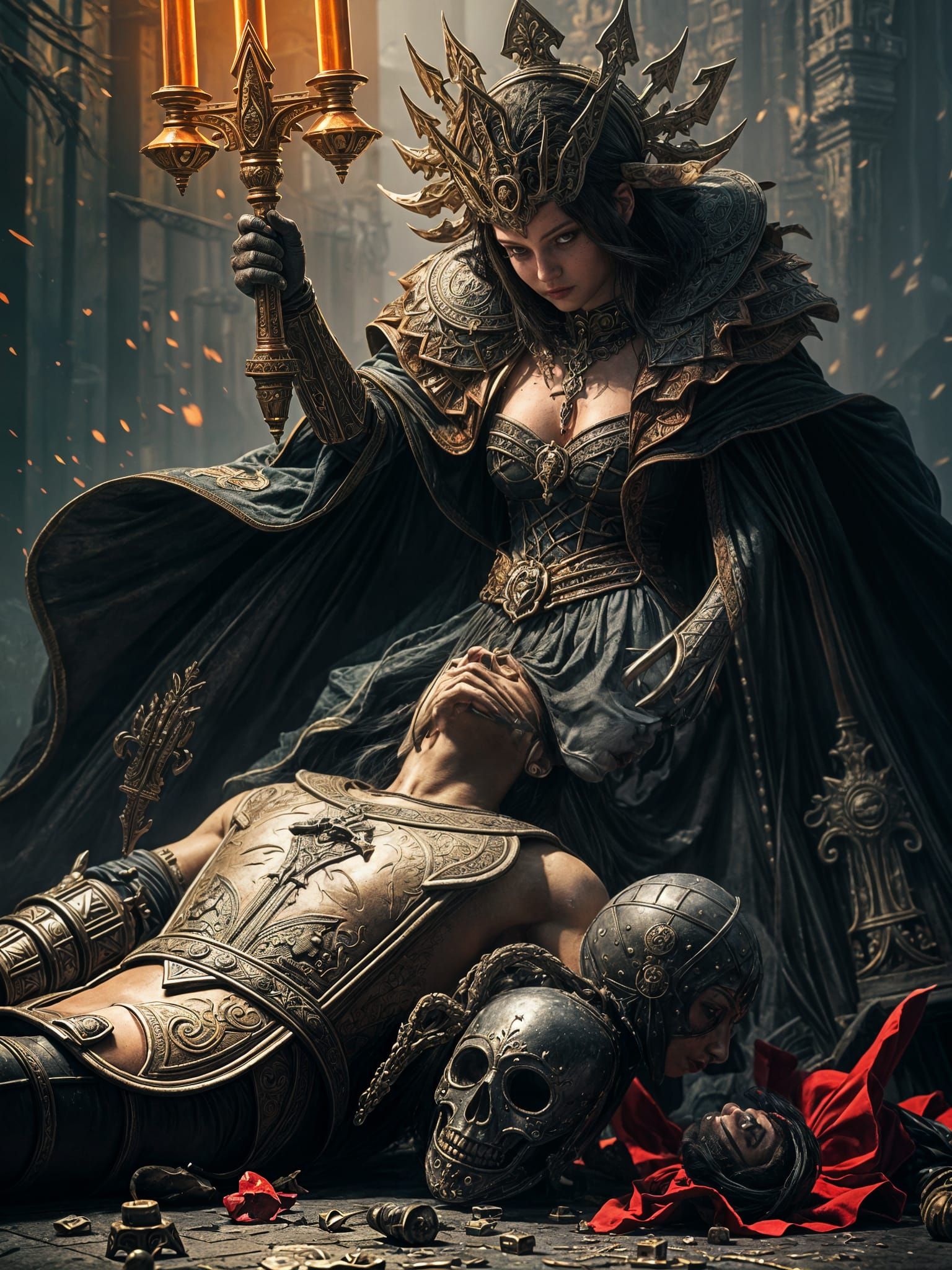 Shirtless Knight Beside Victorious Queen of Spades in a Dyst...