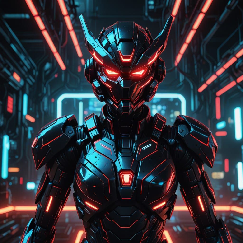 Glowing Female Warrior Rides Cyberpunk Megazord