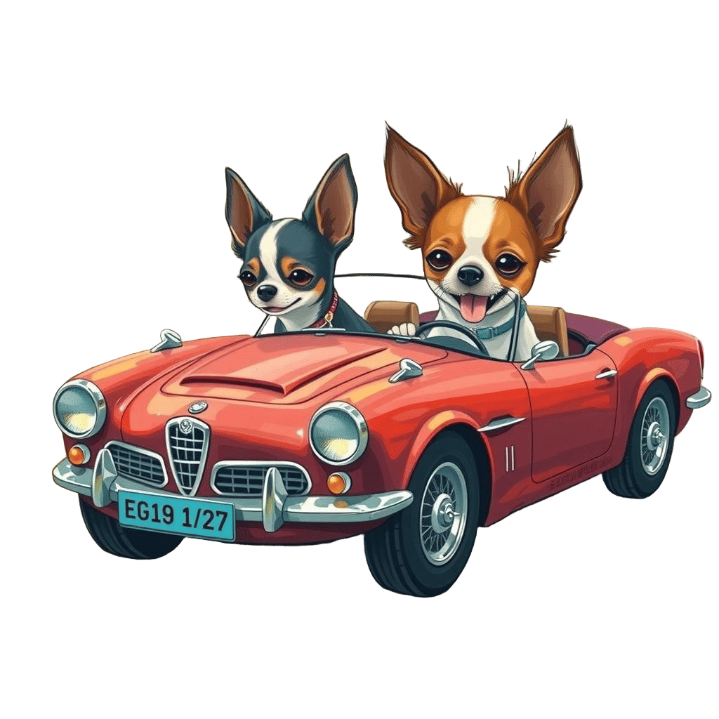 Chihuahuas Drive a Sports Car: Storybook Illustration