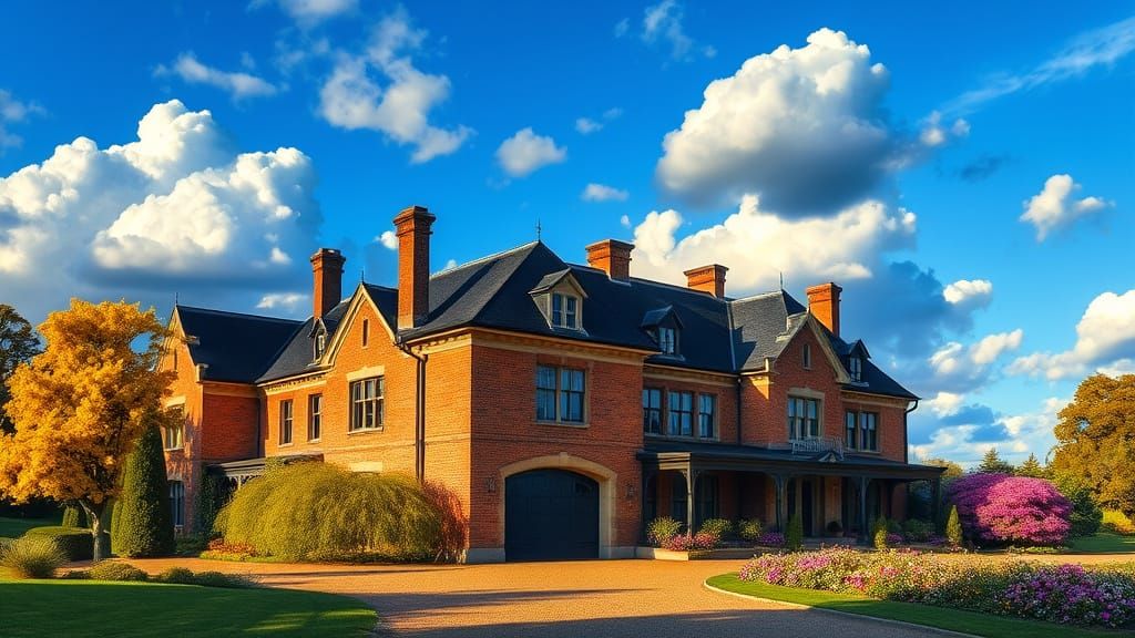 Grand Brick Chateau with Vibrant Garden in Golden Hour Light