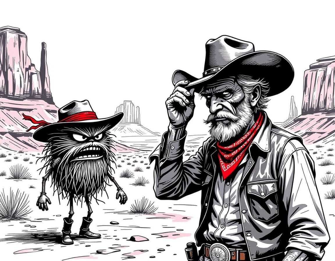 Cowboy and Tumbleweed Expressionist Ink Sketch