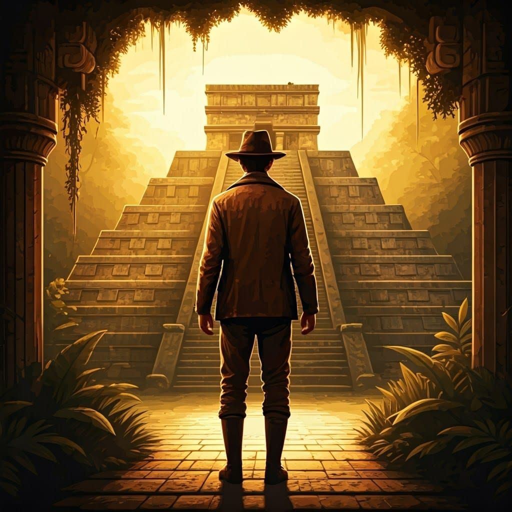 Adventurer at Mayan Pyramid in Vintage Poster Style