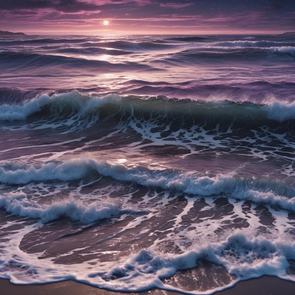 Waves Crashing on Shore Under Starry Sky