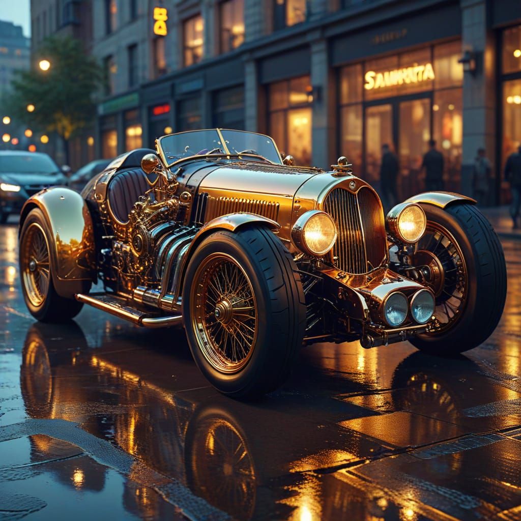 Steampunk Sports Car in Neon City: Hyperrealistic Digital Ar...