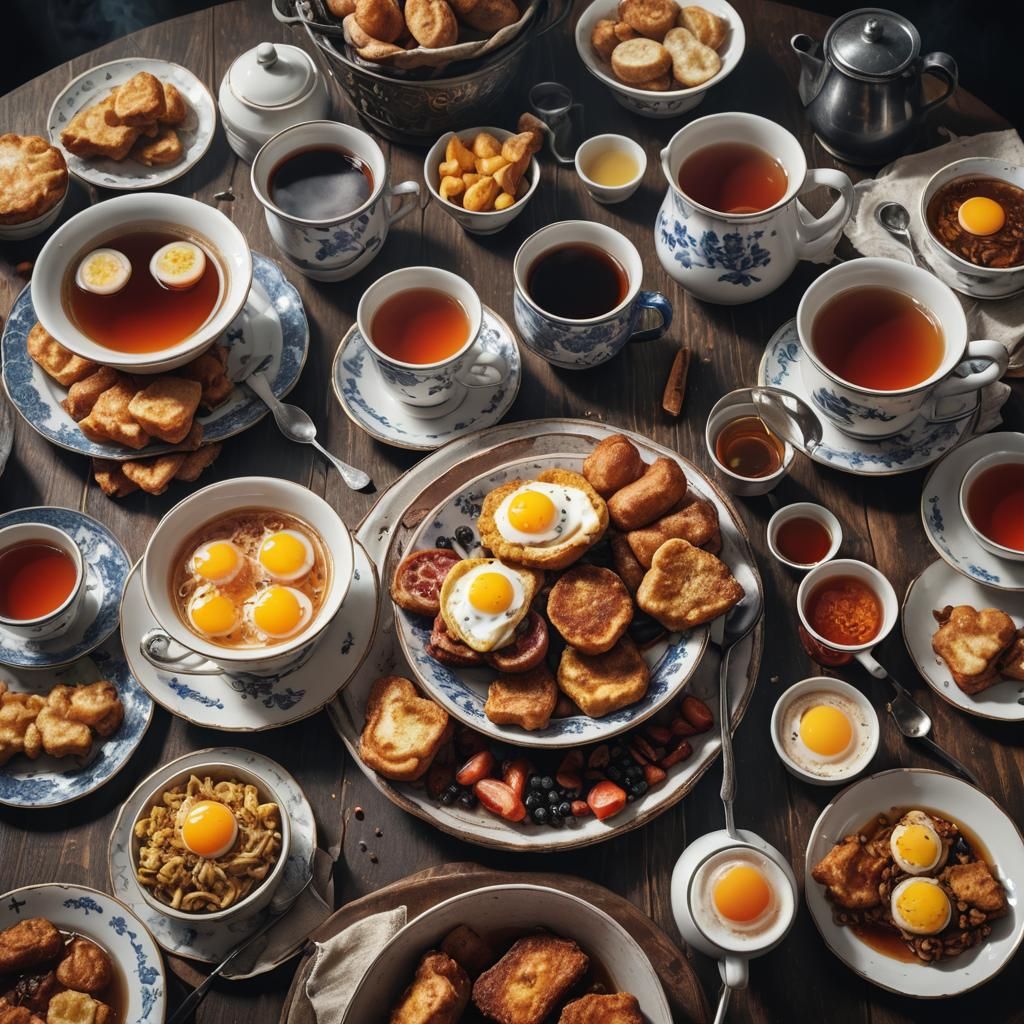 Hyperrealistic Fried Breakfast with Steaming Tea