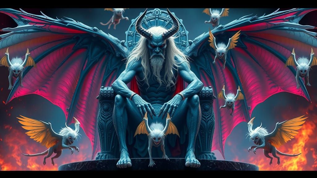 Blue Demon King on Crystal Throne with Dancing Demons