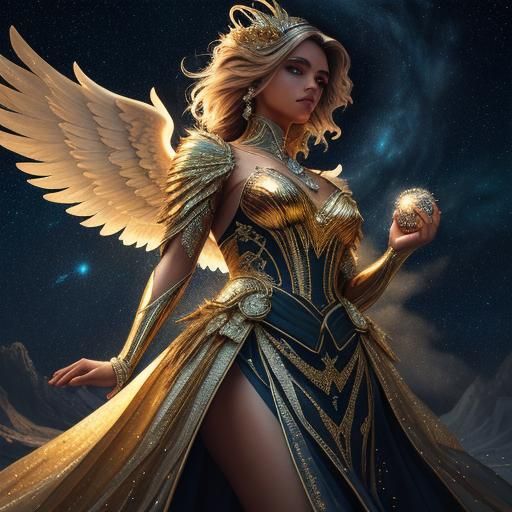 Angel Holding Diamonds in Dreamlike Night Sky