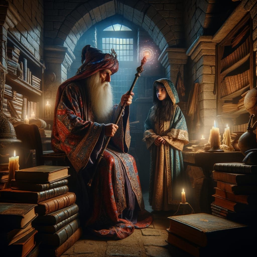 An old wizard in colorful cloths teach magic to a young appr...