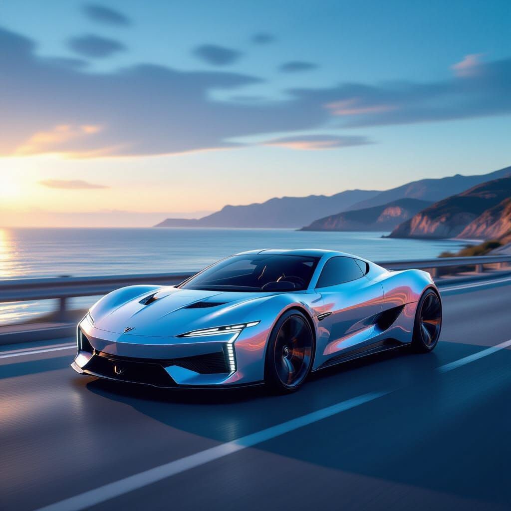 Futuristic Iridescent Sports Car on Coastal Highway
