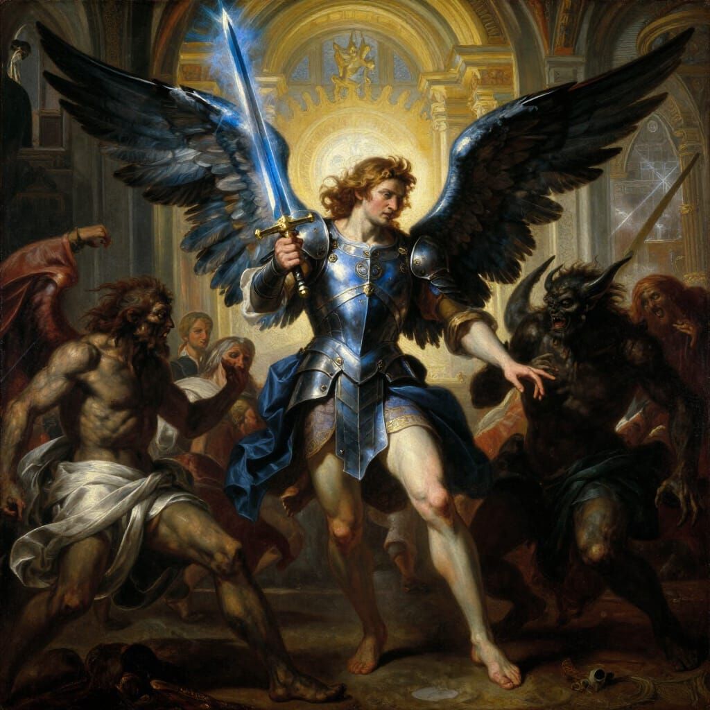 Archangel Michael in Celestial Battle, Renaissance Style