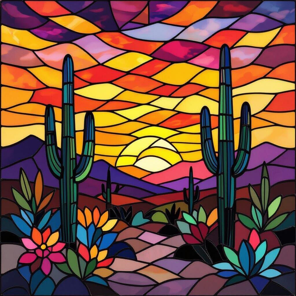 Arizona Desert Sunset in Stained Glass Mosaic Style