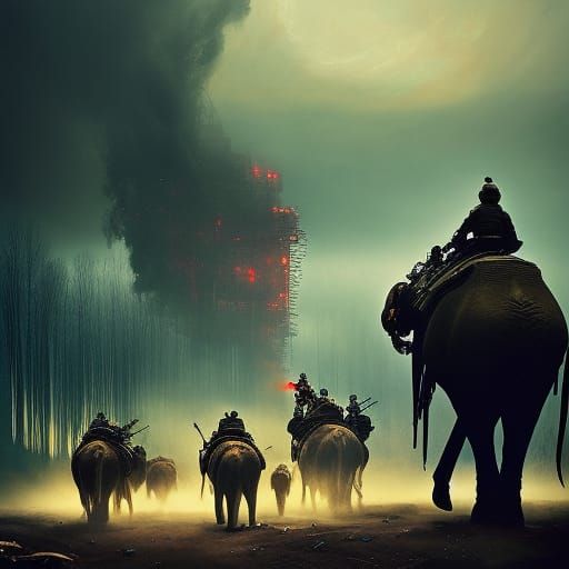 Armored Elephants Marching to War: Dark Fantasy Art