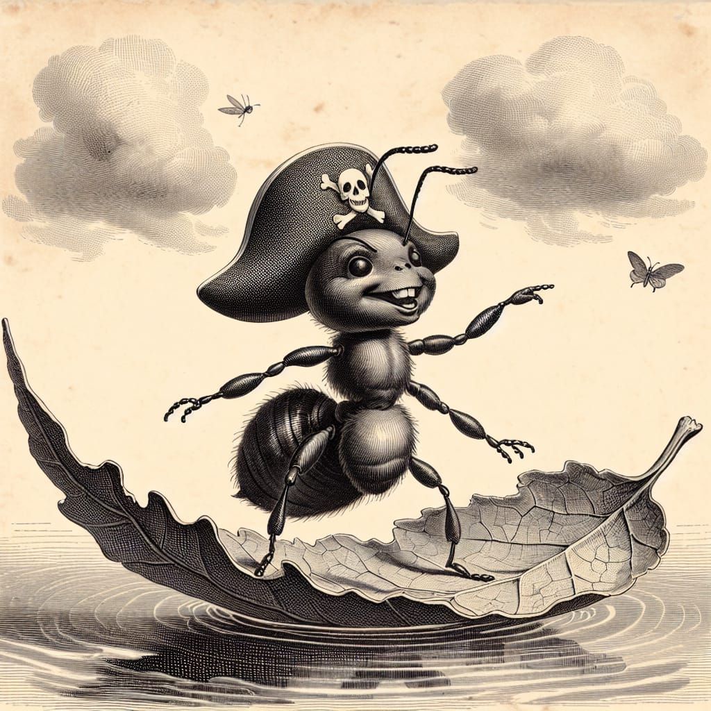 Pirate Ant on a Leaf, 19th Century Cartoon Style