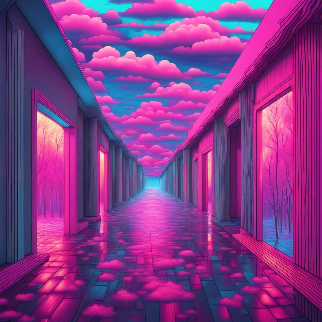 Optical Illusion Corridor in Synthwave Forest