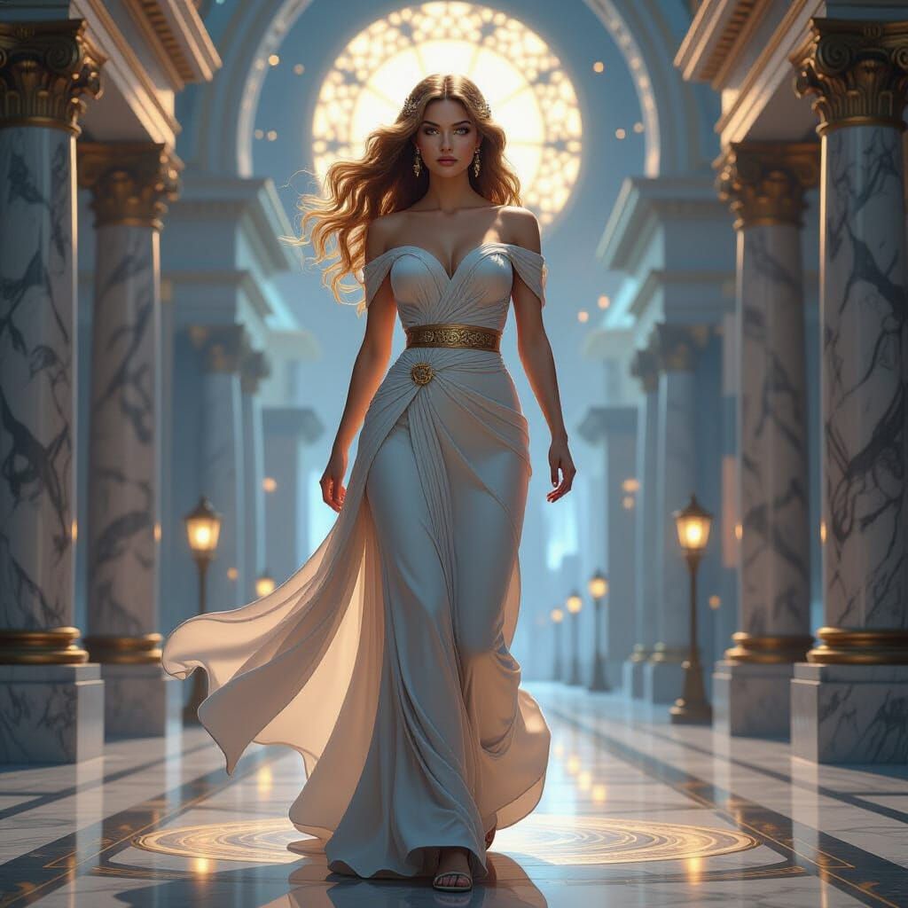 Goddess Striding Through Cyberpunk Cityscape