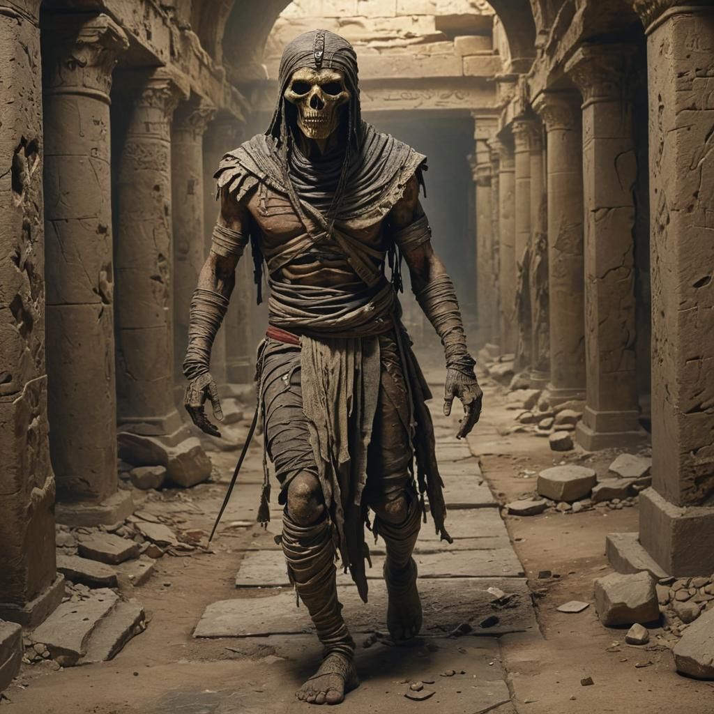 Egyptian Mummy in Crypt, Oil and Ink Illustration