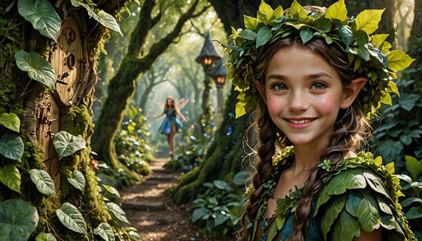 Smiling Fairy Girl Portrait at Forest Village Entrance