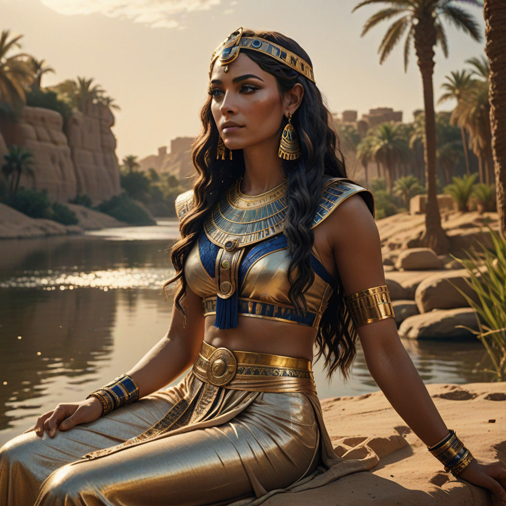 Elegant Ancient Egyptian Goddess Along the Nile River