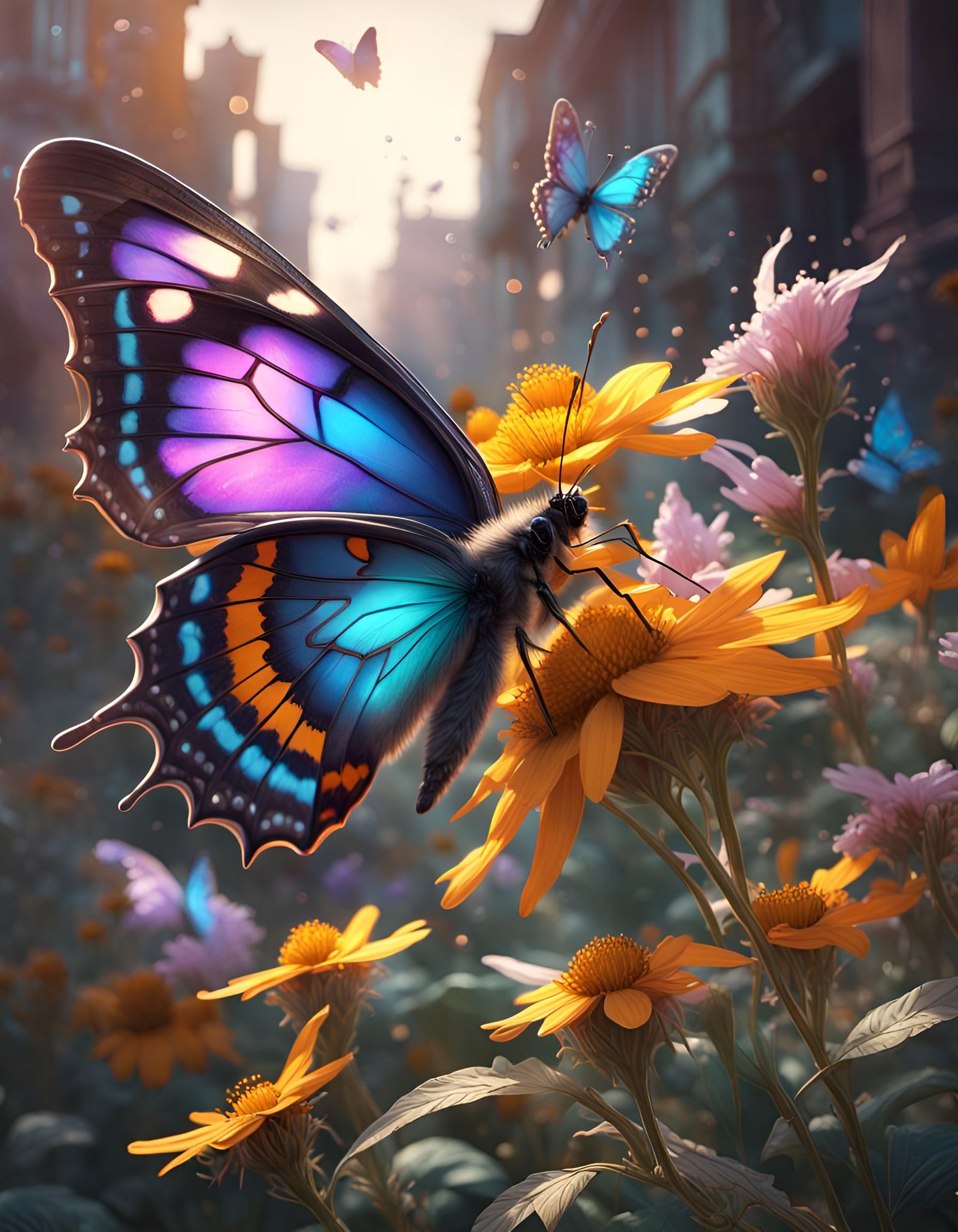 Butterfly Pollinating Flowers in a Graffiti Art Style