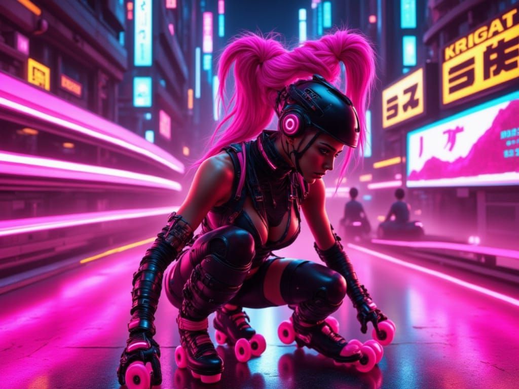 Cyberpunk Girl on Neon-Lit Roller Skates