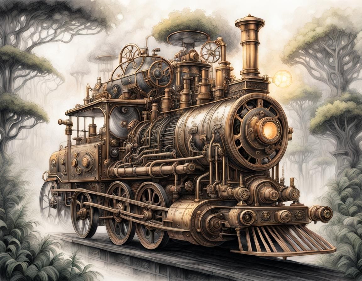 Steampunk Engine in Dreamscape: Pencil Sketching