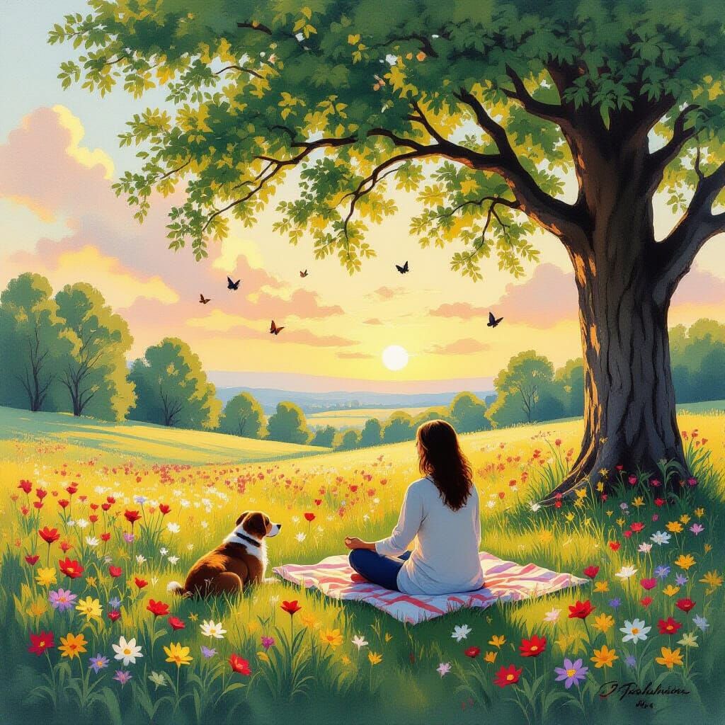 Serene Spring Meadow Meditation with Sunrise and Dog