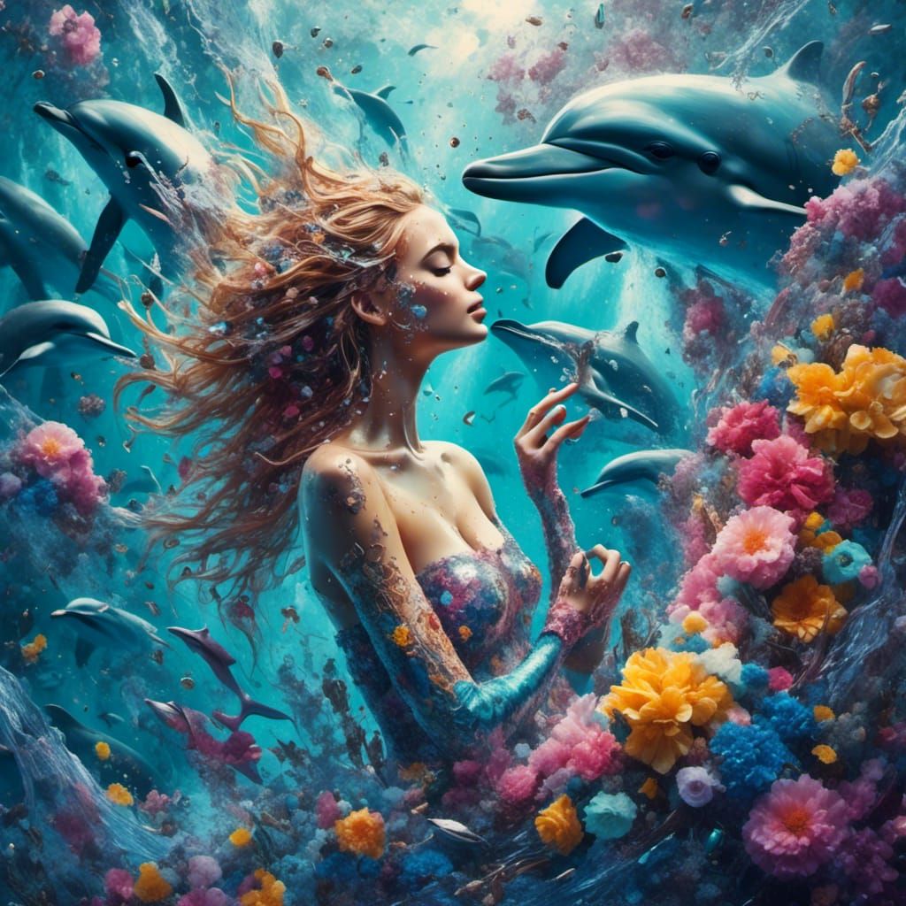 Mermaid and Dolphins in Graffiti Splash Art Style