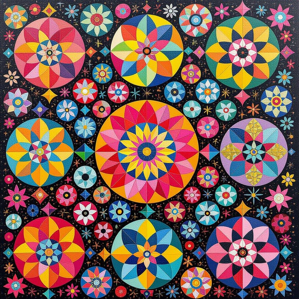 Vibrant Geometric Mosaic Painting with Circular Motifs