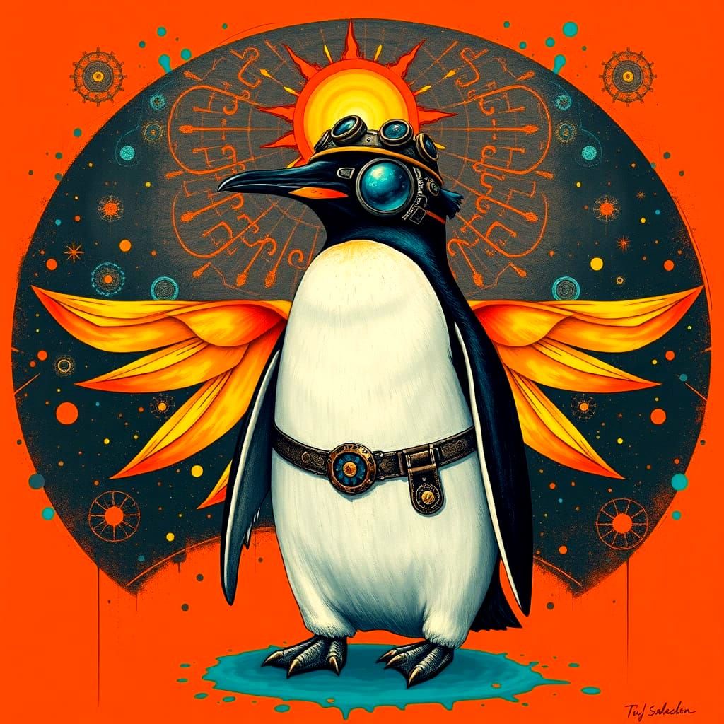 Vibrant Steampunk Penguin Surrounded by Whirling Patterns
