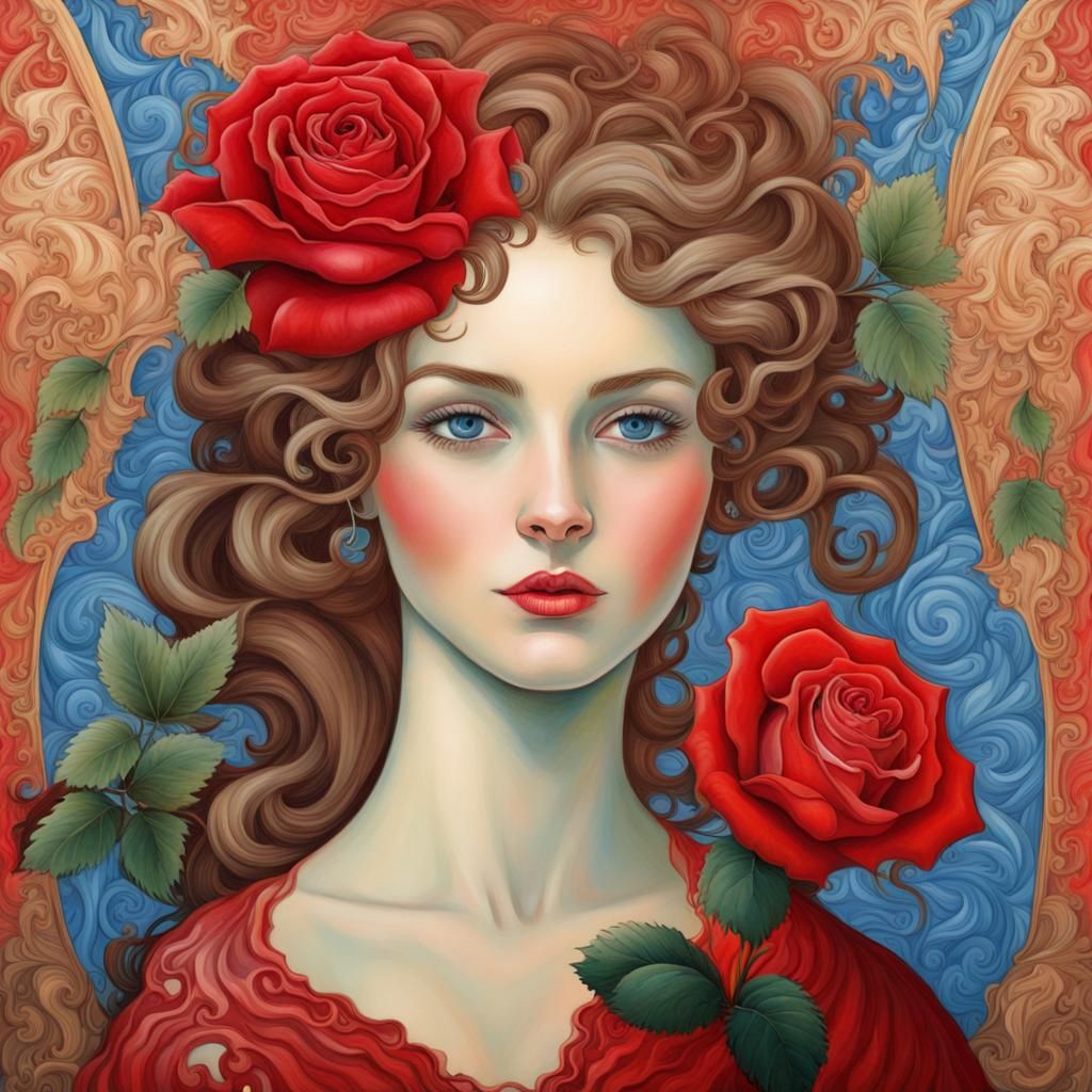 Red Rose and Blue-Eyed Woman in Art Nouveau Style