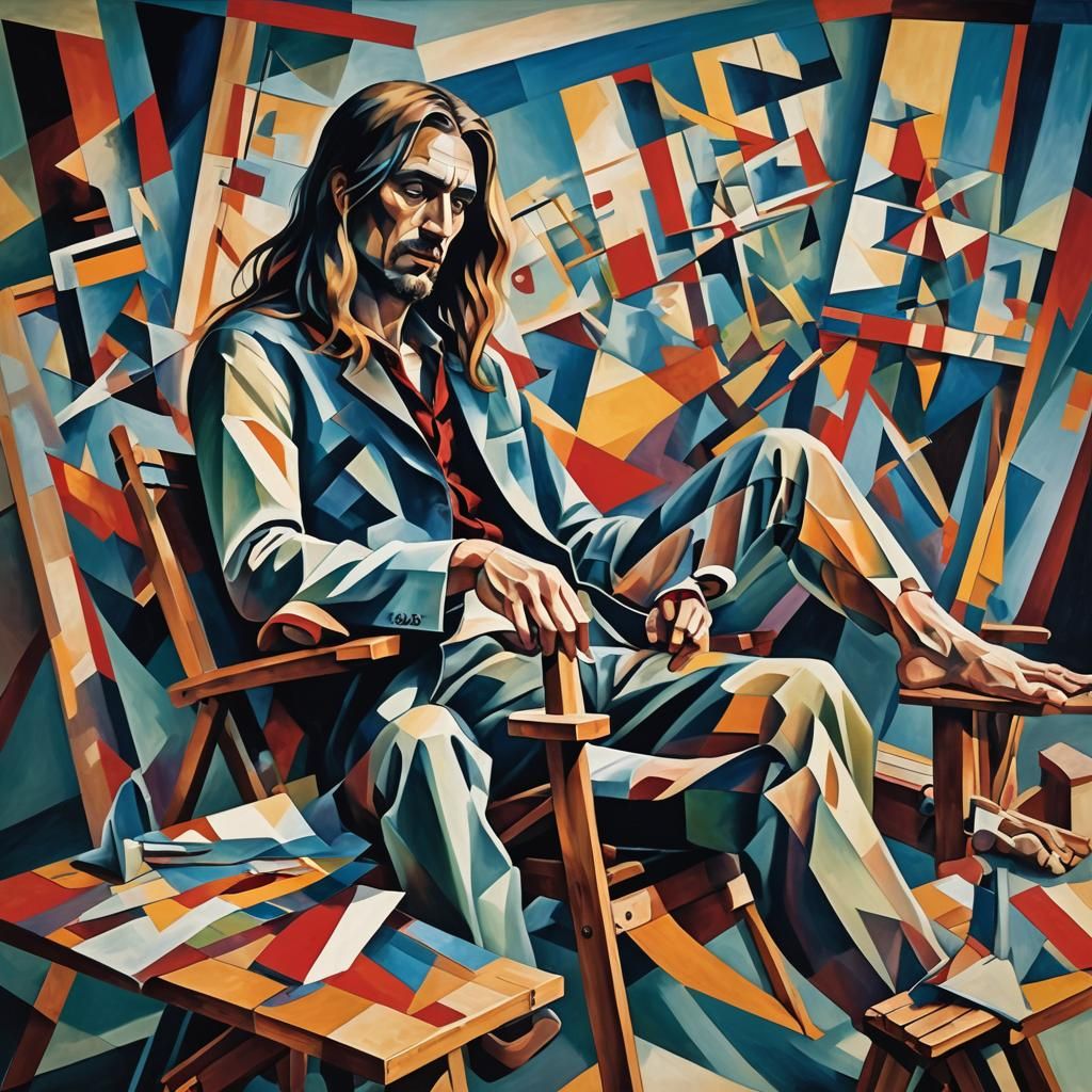 Cubist Scene: Man Tied to Deckchair in Abstract