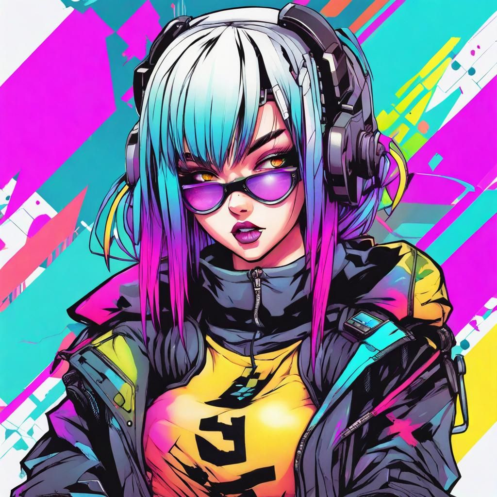 Colorful Cyber Baddie Girl in Manga Style