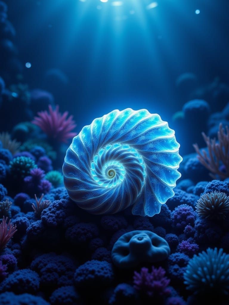 Bioluminescent Nautilus Shell in Deep Sea