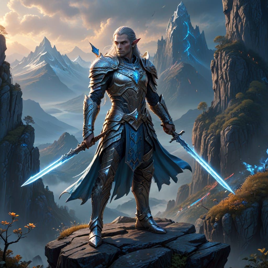 Elven Warrior in Ornate Armor on Cliff