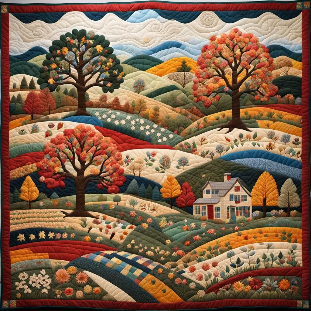 Vintage Country Quilt Depicting Four Seasons in Folk Art Sty...