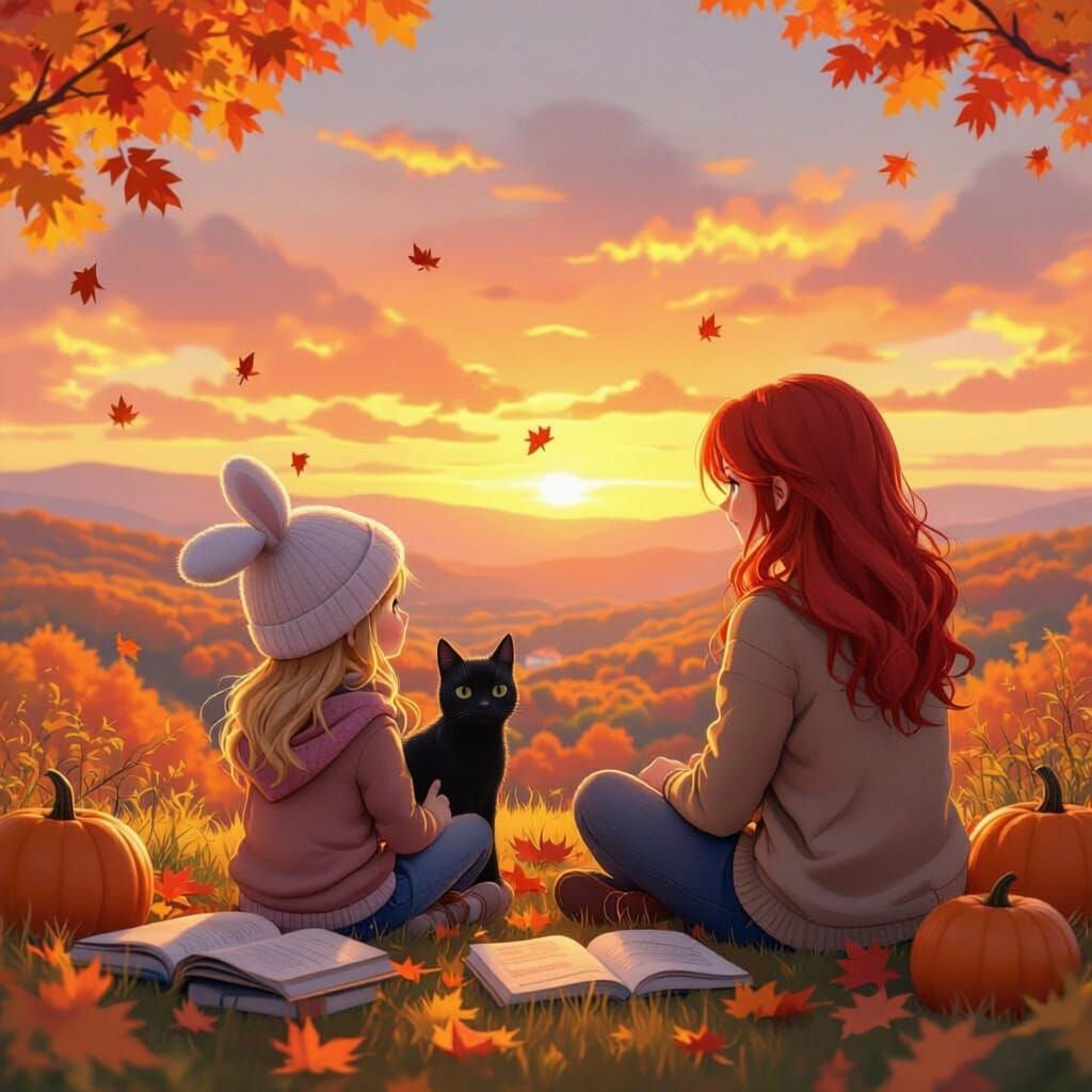 Girl and Mother Watch Vibrant Fall Sunset in 3D Anime Art