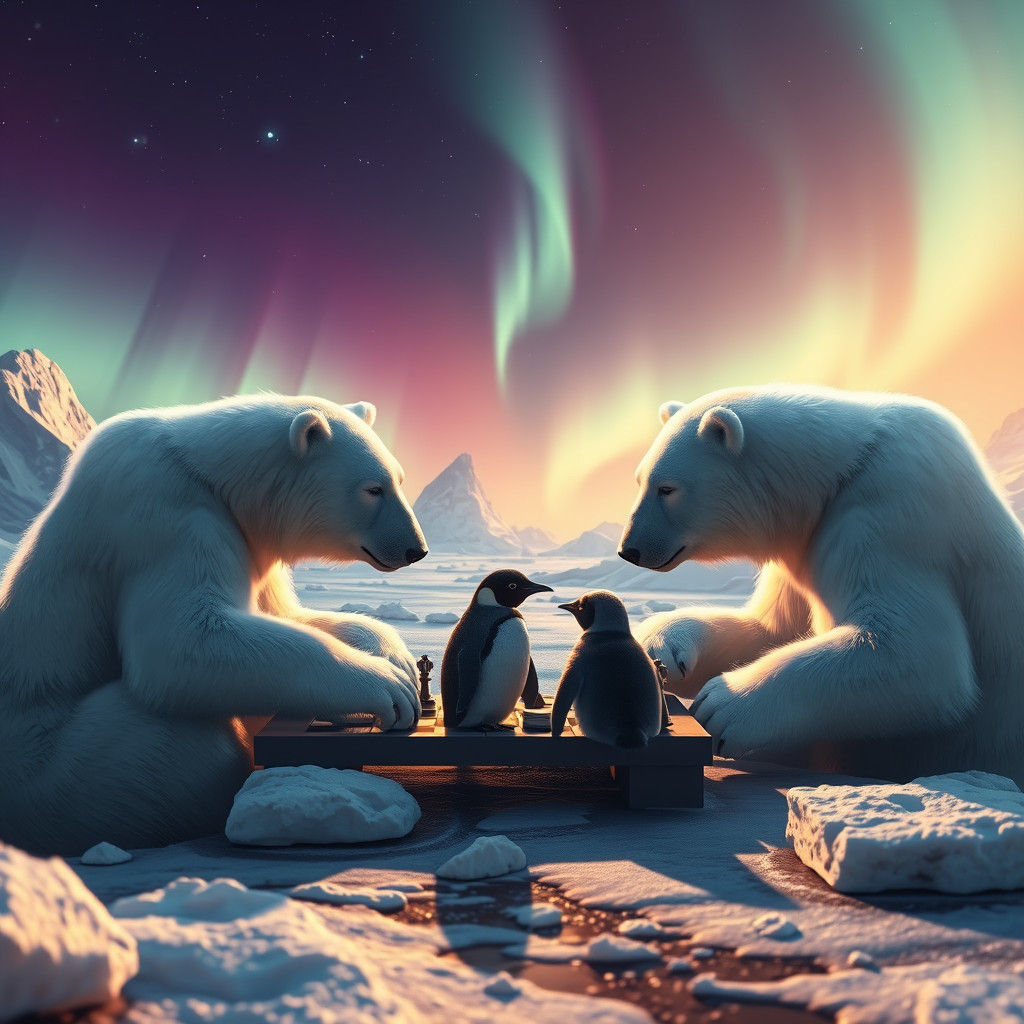 Polar Bears Play Chess in Mystical Arctic Landscape