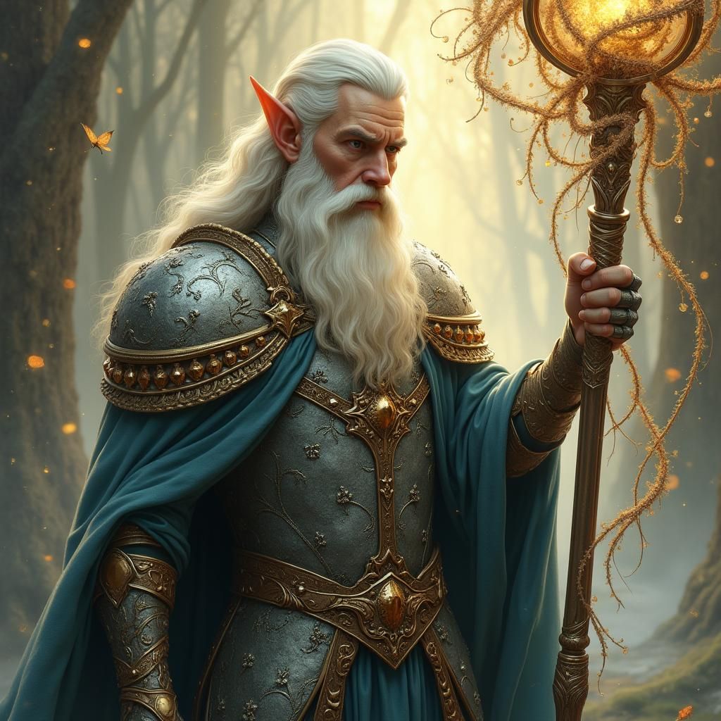 Regal Elf Wizard with Staff in Kinkade-Inspired Landscape